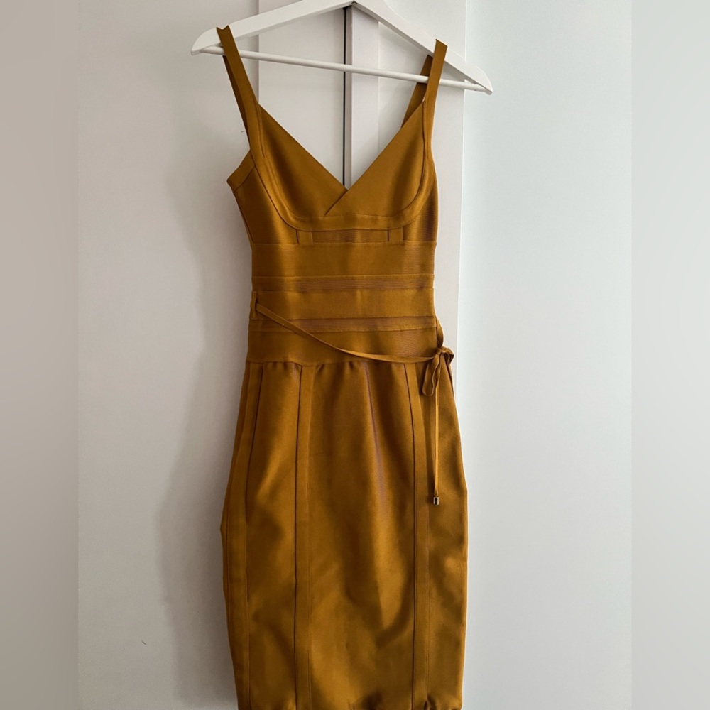 Mustard/gold colored, bodycon bandage dress by House of CB - Picture 3 of 5